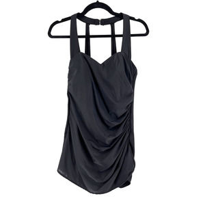 Lands' End One Piece Swimsuit Black Ruched Draped Front Size 16 Long